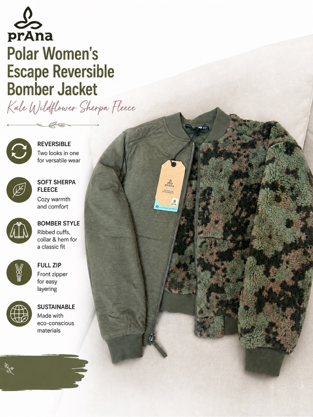 prAna Polar Women’s Escape ReversibleBomber Jacket Kale Wildflower Sherpa Fleece